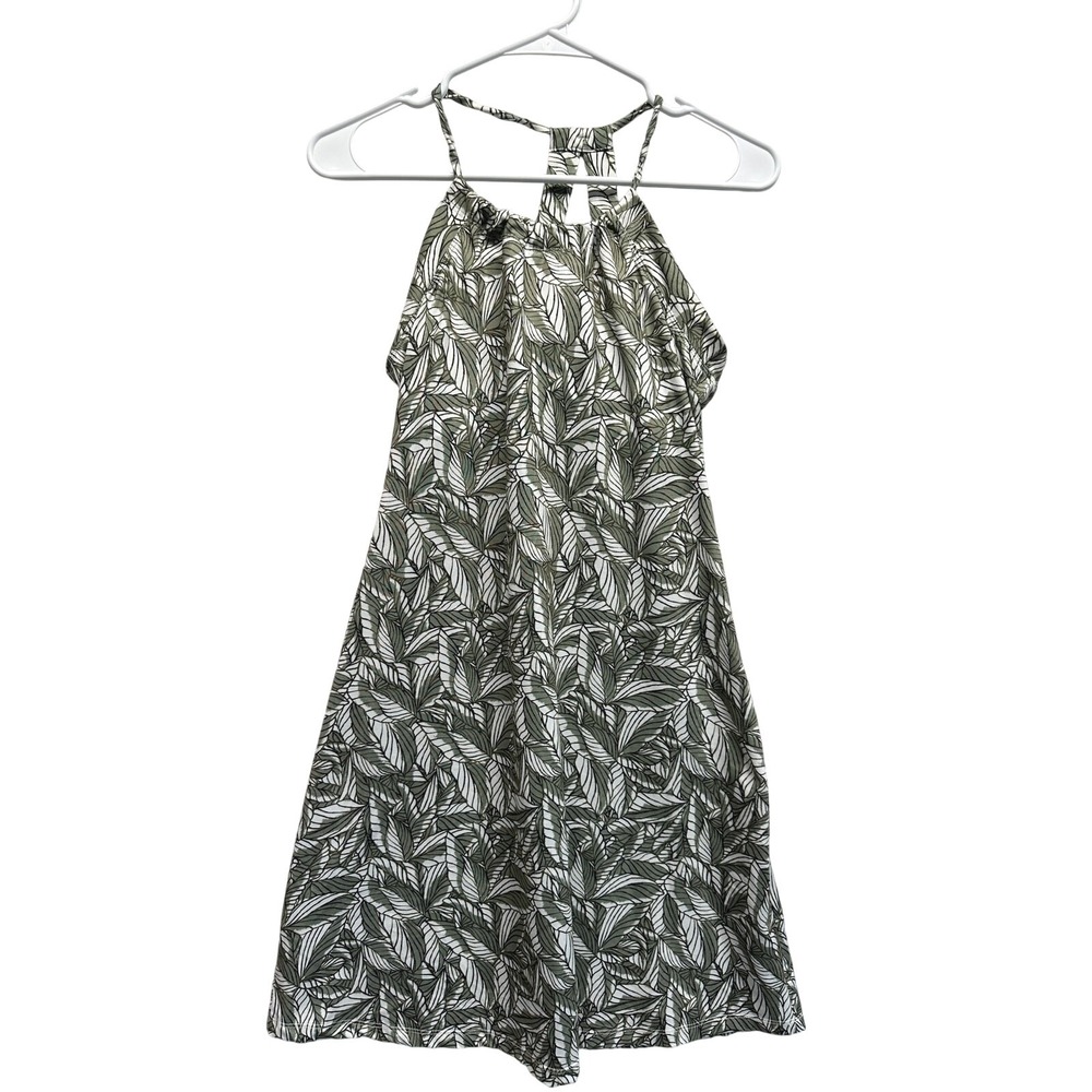 Eddie Bauer Leaf Print Halter Dress XS Green White Stretch